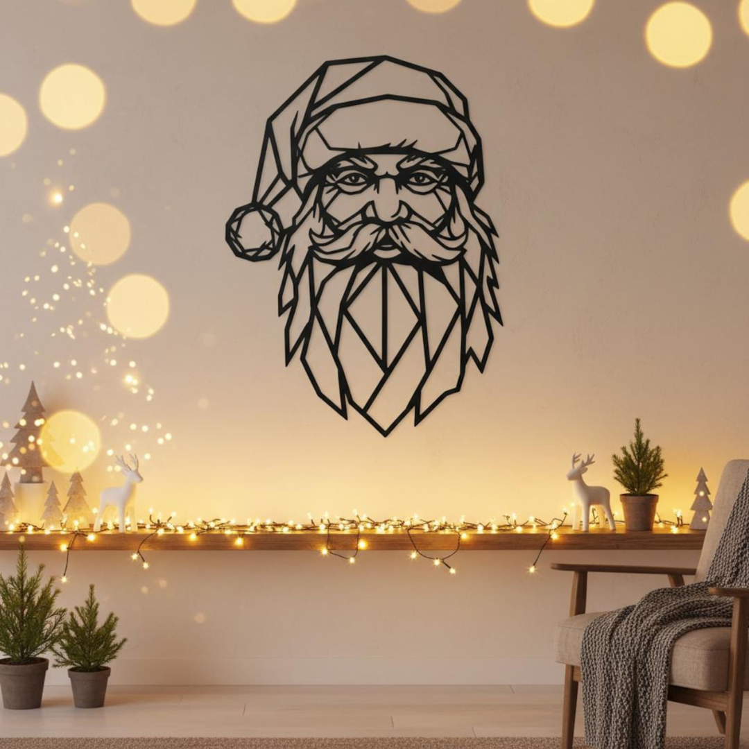 Geometric Santa Claus wall decal in a room with festive decorations and lights.